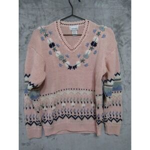 62 East Floral Embroidered Sweater Womens Small Pink V-Neck Fair Isle Knit